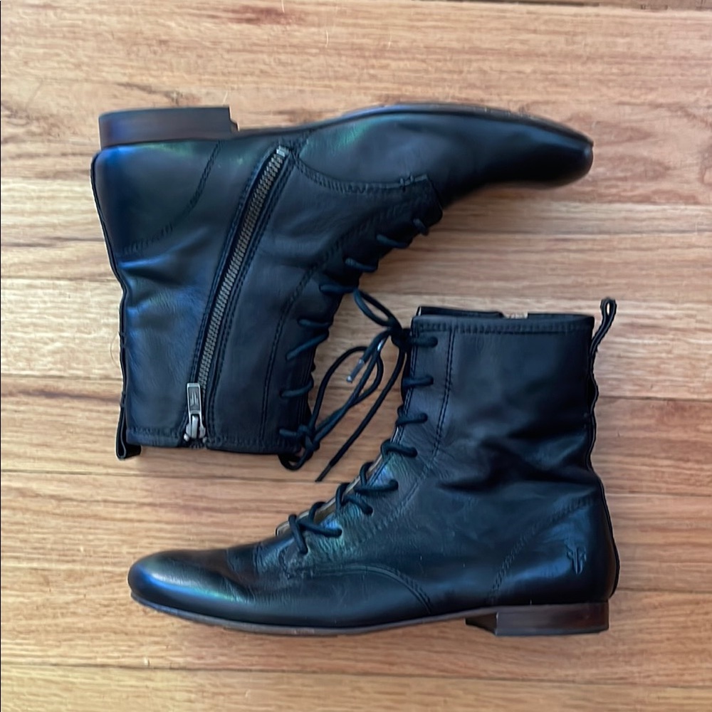 Frye Black Leather Lace-Up Combat Boots